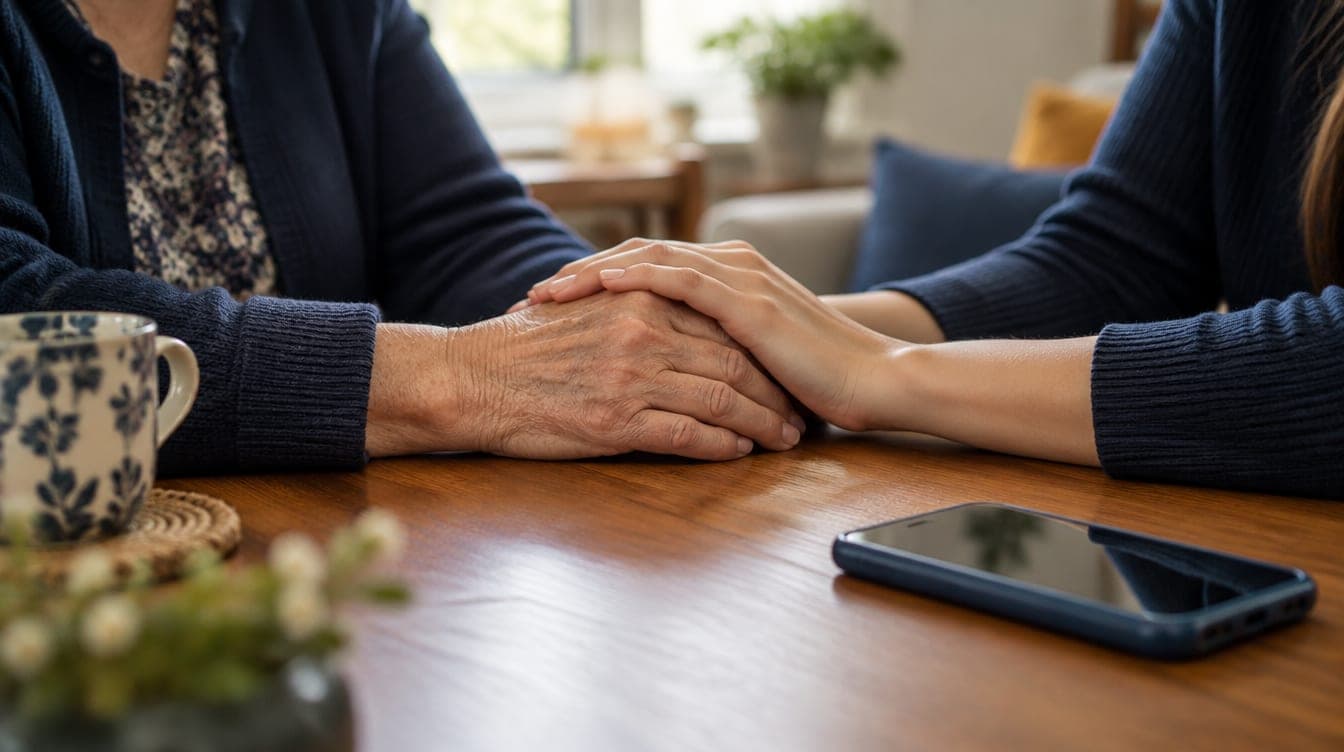 Two hands resting together on a table next to a phone