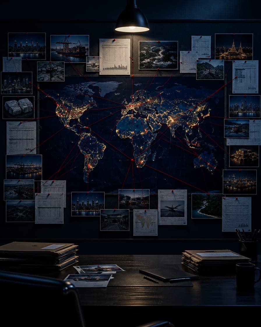An investigation wall with a world map at night, photos and documents connected by red string