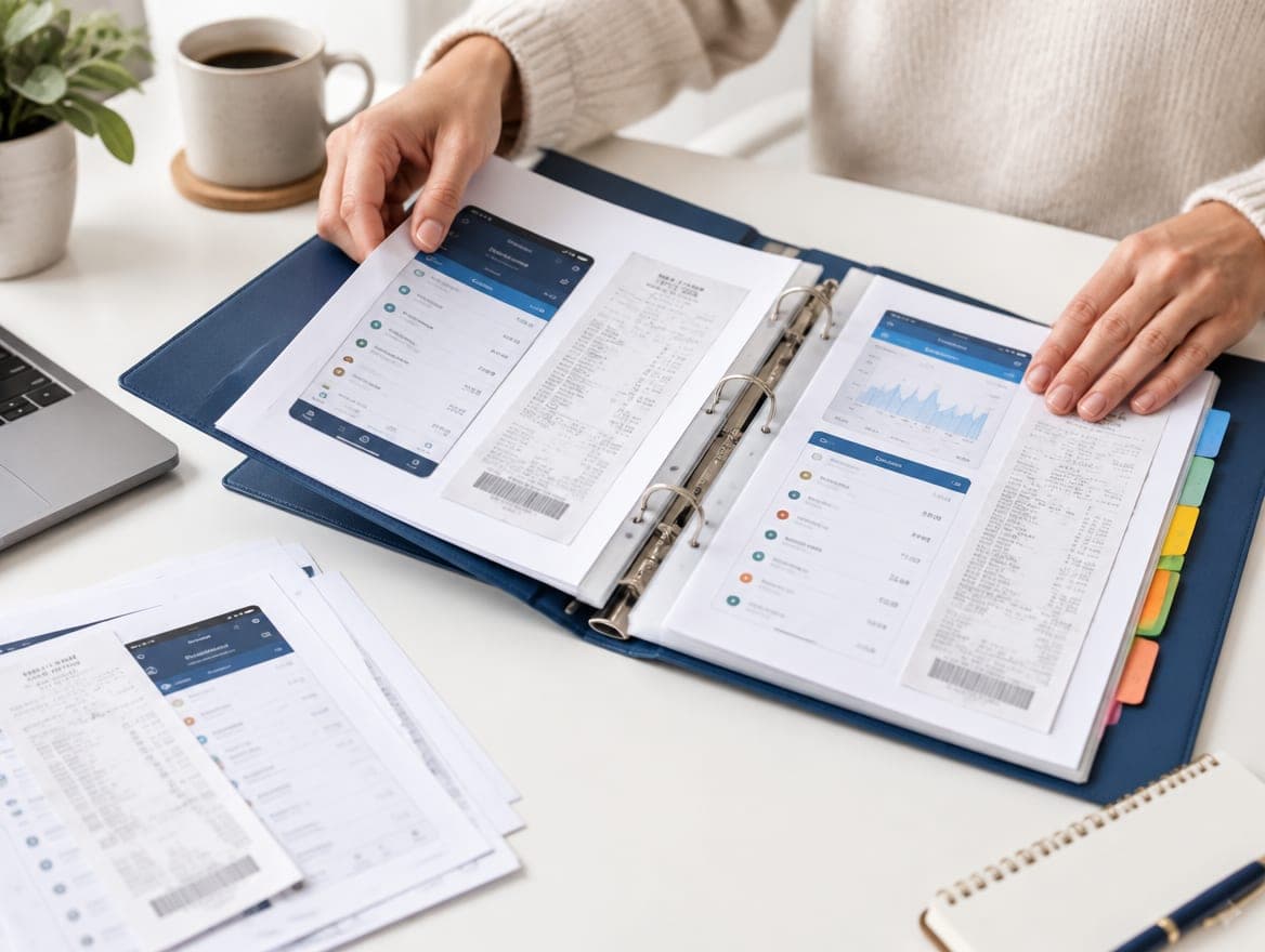Hands organising records into a tabbed binder