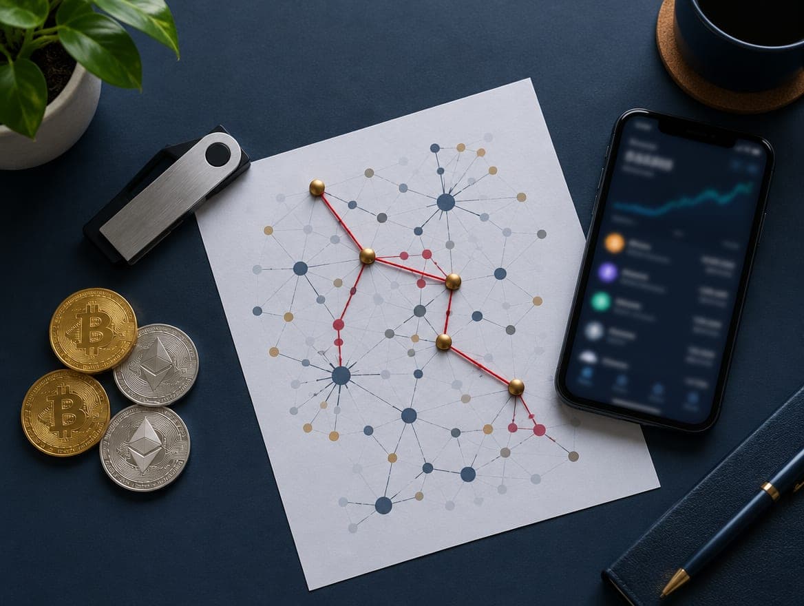 Hardware wallet, coins and a printed blockchain graph linked with red thread on a navy desk