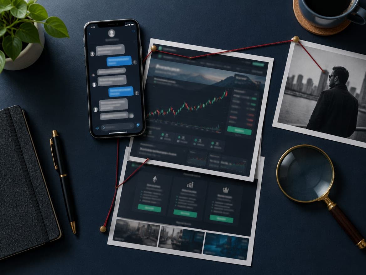 Phone with a chat, printouts of a fake trading site and a magnifying glass on a navy desk