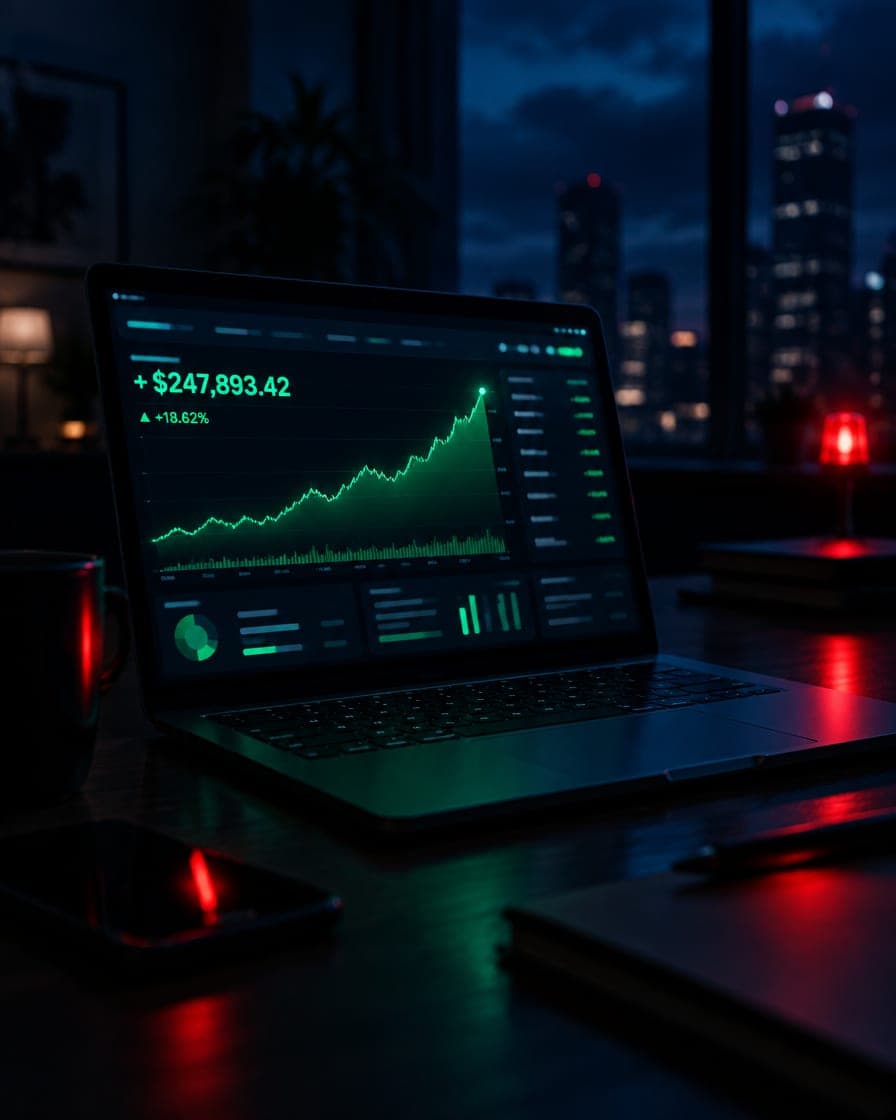Laptop showing a too-good-to-be-true trading dashboard
