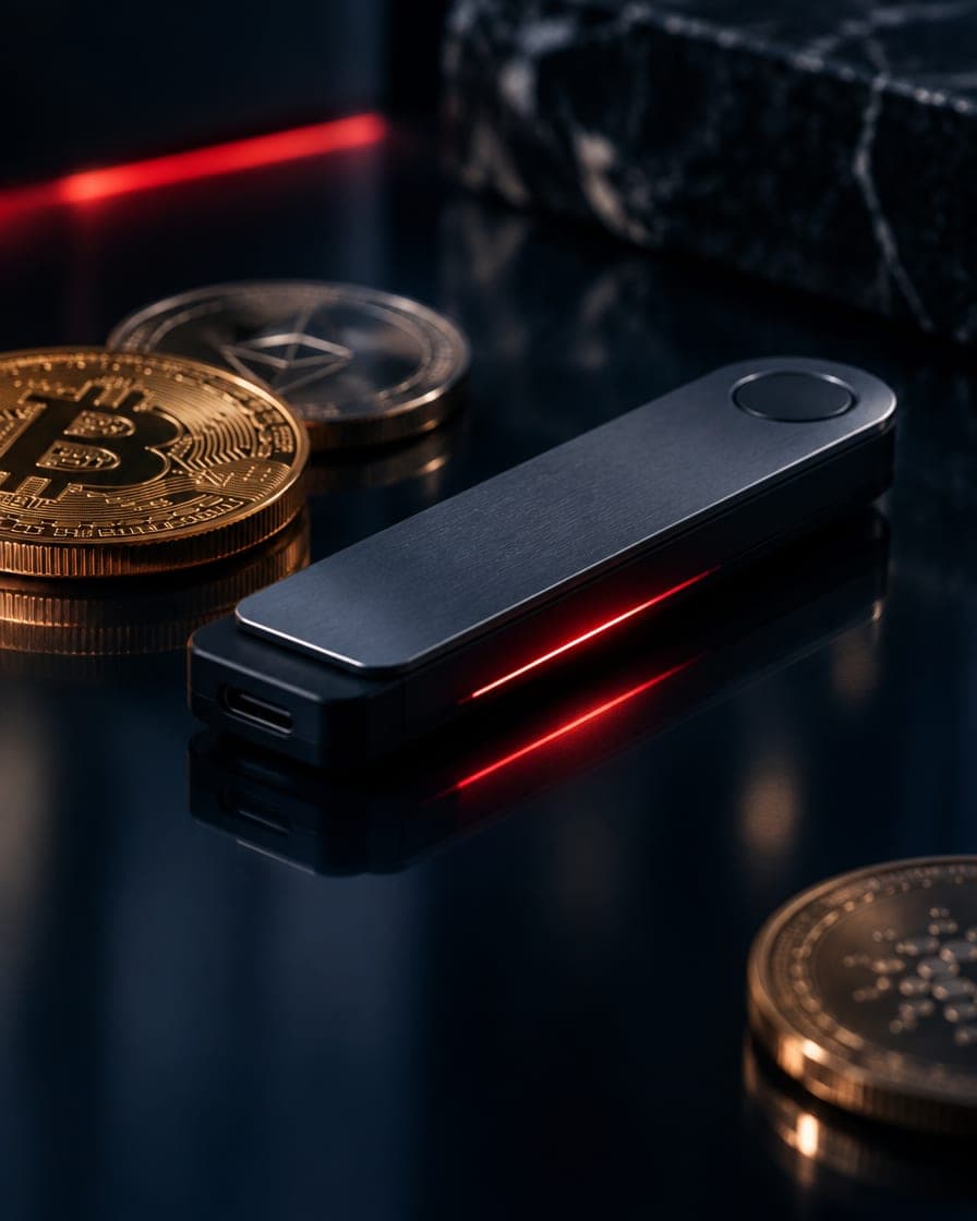 Hardware crypto wallet beside coins