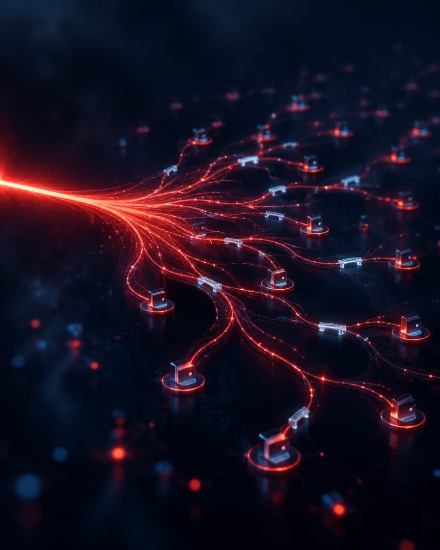 A red stream of light splitting into many paths